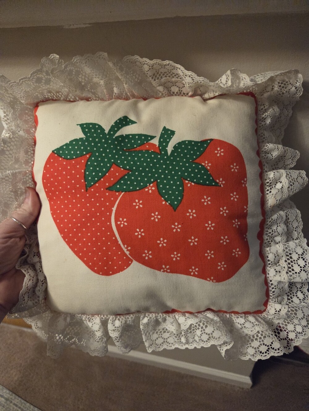 Small Vintage Decorative Pillow with Strawberry Design & Lace Trim Cottagecore